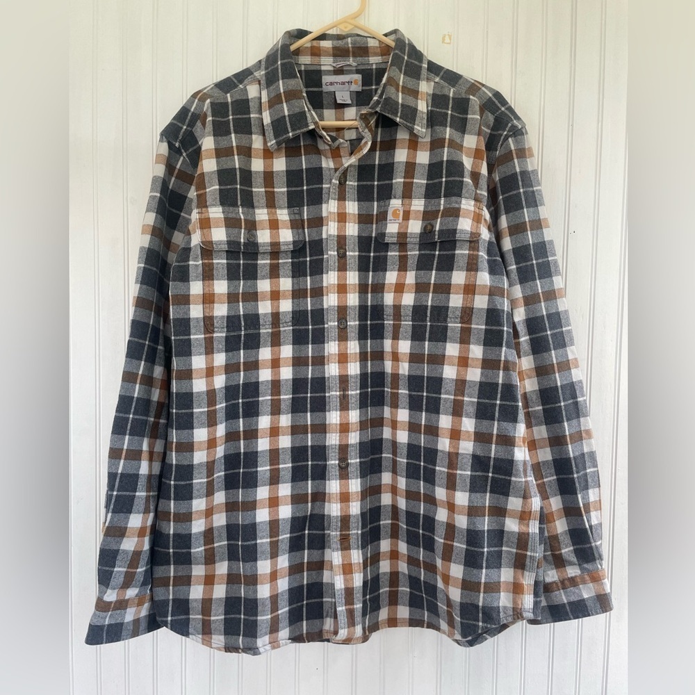 Carhartt Men's Brown Black Hubbard Plaid Long Sleeve Button Down Shirt LARGE